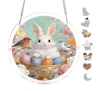 White Bunny Floral Easter Eggs Scene 7.8x7.8Inch Round Acrylic Hanging Puzzle | Creative Home Accent with Visual Appeal