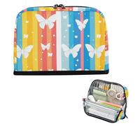 White Butterflies and Stripes pencil poucheses Large Capacity Makeup Pouches Wide Opening Coin for Kids Middle School estuche para colores