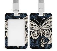 White Butterflies and Tribal Badge Holder with Lanyard - Waterproof Hard Plastic ID Card Holder Professional Name Tag Vertical ID Card Name Badge for Office Nurse Doctor Teacher