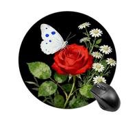 White Butterfly Red Rose Mouse Pad Round Laptop Mouse Mat Cute Computer Mousepad Keyboard Pad Non-Slip Desk Pads for Gaming Office Work Home