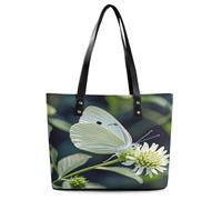 White Butterfly Tote Bag Large Soft Leather Purse with Zipper Lightweight Ladies Shoulder Handbag