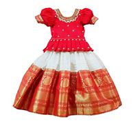 White Button Baby Girl Jacquard Lehenga Choli Lehenga Choli, Red, White, 7-8 Years