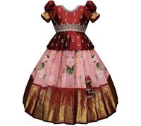 White Button Baby Girl Polyester Blend Readymade Lehenga Choli Set, Maroon, 6-7 Y