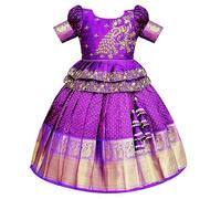 White Button Girls Jacquard New South Indian Traditional Pattu Pavadai Jecquard Readymade Lehenga Choli, Violet, 7-8 Years