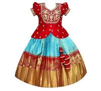 White Button Girls Jacquard New South Indian Traditional Pattu Pavadai Jecquard Readymade Lehenga Choli, Red turqouise, 7-8 Years
