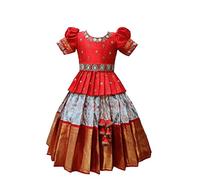White Button Girls Polyester Blend New South Indian Traditional Pattu Pavadai Jecquard Readymade Lehenga Choli Dress, Red White, 6-7 Years