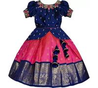 White Button Girls Polyester Blend Traditional South Indian Pattu Pavadai Jecquard Lehenga Choli Dress, Blue, pink, 7-8 Years