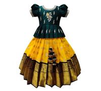 White Button New south Indian traditional pattu pavadai Jecquard Lehenga choli for girls dress, Green,Yellow, 6-7 Years