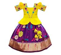 White Button Satin New South Indian Traditional Digital Collar Pattu Pavadai Readymade Lehenga Choli for Girls Dress Yellow Wine 12-18 Months