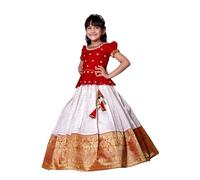 White Button South Indian Pattu Pavadai for Girls, Traditional Jacquard Silk Lehenga Choli Set, red, white, 7-8 Years
