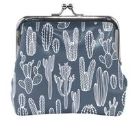 White Cactus Prussian Blue Leather Coin Purse Holder Women Buckle Kiss Lock Change Bag Card Pouch, White Cactus Prussian Blue, OneSize