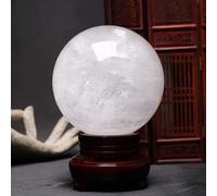 White Calcite Quartz Ball Quartz Sphere Crystal Ball with Wooden Base,Crystal Ball Ornament for Living Room Decor, Fountain Decoration,15cm/5.9in