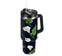 White Calla Lilies Green Leaves Tumbler with Handle and Straw 40 Oz, Insulated Stainless Steel Coffee Cup for Men Women Travel