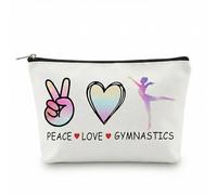 White Canvas Zip Pouch with Vibrant Peace Love Gymnastics Print - Durable Water-Resistant Organiser for Cosmetics, Toiletries, Sports Gear, Travel Essentials, Ideal Makeup Bag for Girls and Gymnasts