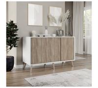 Urbn-Living Urbnliving 3-Door Sliding Cabinet Sideboard White Carcass With Oak Doors Storage Organiser Home Cupboard Beech Wooden Legs