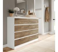 (White Carcass + Oak Drawers) Modern Wide Wooden Chest of 8 Drawers Bedroom Furniture Storage Bedside Cabinet