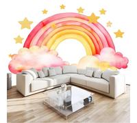 White Cartoon Cute Style Rainbow Clouds Stars Photo Wallpaper - 350 x 256 cm Non-Woven Premium Print Wall Mural, Large Feature Wall Decoration for Living Room Bedroom Office Dining Room Kid's Room
