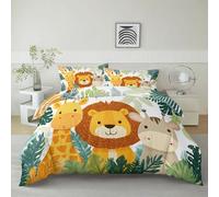 White Cartoon Jungle Animals Duvet Cover Set Single Size, Lion Giraffe Comforter Cover with 2 Pillowcases, 135 x 200 cm Bedding Set 3pcs for Kid Girls Bedroom Decor Bedspread