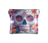 White Cartoon Of Dead Flower Skull Small Leather Coin Purse Unique Cash Coin Purse for Ladies, White Cartoon of Dead flower skull, One Size, Print Art