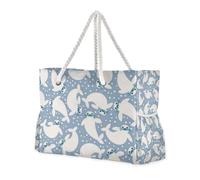 White Cartoon Sea Lion Sandproof Shoulder Tote Bag with Side Pocketes Big Tote Bags with Zippered Pockets