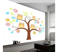 White Cartoon Style Tree Owl Wall Mural Wallpaper - Non-Woven Decorative Wallpaper, Premium Wall Print Art for Living Room Bedroom Decoration Poster, W250 x H175 cm