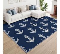 White Carved Anchor Machine Washable Living Room Area Rug 200x300 cm | Non Slip Large Nautical Vintage Rugs for Kitchen Bedroom Dining Room Home Office, Low Pile Carpet for Indoor Home Decor