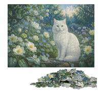 White Cat Among Flowers Adult Jigsaw Puzzle, Wooden, 500 Pieces | A hands-on home pastime - a simple way to organise the image on weekends.