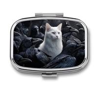 White Cat and Black Ravens Pill Box 2 Compartment Portable Medicine Pill Case Travel Pill Organizer for Pocket Purse