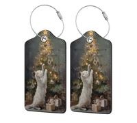 White Cat and Decorated Christmas Tree Luggage Tag for Suitcase 2 Pack Leather Luggage Tag with Privacy Flap Name Id Label and Metal Loop for Women Men Travel