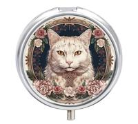 White Cat and Flower Pill Box Cute Round Pill Case Portable Medicine Tablet Case Vitamin Organizer for Wallet Pocket