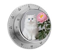 White Cat and Peonies_ Kitchen Timer 60 Minute Visual Wind Up Timers Indoor Mechanical Timers with Magnetic Base Stainless Steel Timer for Home Cooking Time Management Tool