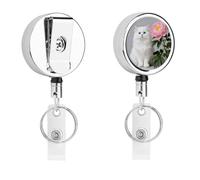 White Cat and Peonies_ Retractable Work Badge Holder Keychain Badge Reel 24.4" Cord & 360° Swivel Alligator Clip Heavy Duty Id Name Tag Holder for Nurses Doctors Teachers Office Workers