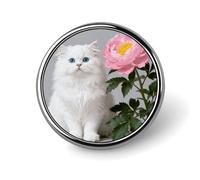 White Cat And Peonies_ Round Lapel Pins Backpack Pin Cute Brooch Decoration Brooches for Women Men Fashion Button Badges for Hat Backpacks Purses Jackets Shirt Suit