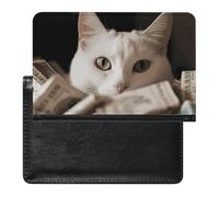 White Cat And Pile of Dollars Passport Holder with 3 Card Slots, Portable PU Leather Travel Wallet, Slim Protective Cover for Passport, ID, Credit Cards