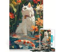 White Cat by The Pond Jigsaw Puzzle1000 Pieces Mind Train Fun Clean Cut Sturdy Components Captivating Leisure for Cozy Indoors (50x75cm)
