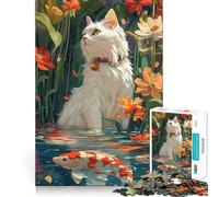 White Cat by The Pond Puzzle for Adults 1000 Pieces Memory Play Game Firm Fit Secure Assembly Meaningful Connection Building Game (38x52cm)