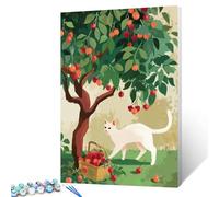 White Cat, Cherry Tree, Basket Paint by Numbers for Adults Rural Cartoon Style DIY Digital Oil Painting Kits Canvas with Brushes Acrylic Home Decor Painting Orchard Picture Gift 16x20in (Frameless)