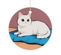 White Cat Double-Sided Ceramic Christmas Ornaments - Round Hanging Mini Xmas Tree Decorations, Ideas for Farmers, Rustic Home Decor for Indoor Outdoor Tree Decor