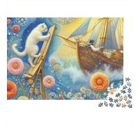 White Cat Dream Ship 1000 Piece Jigsaw Puzzle Jigsaw Puzzle for Adults Fantasy Art Relaxing Gift 38x26cm/1000pcs