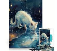 White Cat Drinking Water at Night 1000 Piece Puzzle For Adults Mind Skill Play Laser Cut for Flawless Fit Rewarding Activity for Rainy Days (38x26cm)