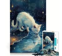 White Cat Drinking Water at Night Adults Puzzles 1000 Piece Jigsaws Recall Skill Fun High Precision Die Cut Easy to Learn Family Enjoyment (38x52cm)