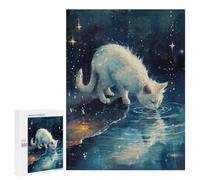 White Cat Drinking Water at Night - Decorative Wooden Puzzle, 500 PCS, Mindful Gift for Adults - for Shared Table Time