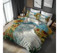 White Cat Duvet Cover Super King Size 3 Piece with 2 Pillowcases, Artistic Sunflower Patterned Bedroom Decor Bedding, Soft Microfibre Quilt Cover with Zip FT#42