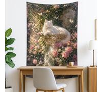 White Cat Floral Tapestry, Charming Butterfly Wall Hanging, Elegant Decorative for Living Room, Bedroom, Aesthetic Home Accents 40x60 Inch