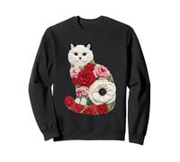 White Cat Floral Yarn Art Embroidered Botanical Flower Sweatshirt