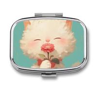 White Cat Flower Pill Case Box with 2 Compartment Medicine Vitamin Organizer for Purse Pocket 5.5x4cm