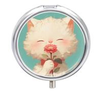 White Cat Flower Pill Case Box with 3 Compartment Medicine Vitamin Organizer for Purse Pocket 5x5cm