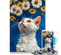 White Cat Gazing at Daisies 1000-piece Jigsaw Puzzles Brain Training Fun Tight Interlock No Gaps Bonding Activity for Loved Ones (50x75cm)