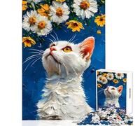 White Cat Gazing at Daisies 1000 Piece Jigsaws for Adults Puzzle Stimulate Active Brain And Mind Gentle Relaxing Fun Activity (50x75cm)