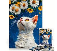 White Cat Gazing at Daisies for Adults 1000 Piece Puzzle Think Training Serene Escape Defined Edges Creative Gift (50x75cm)